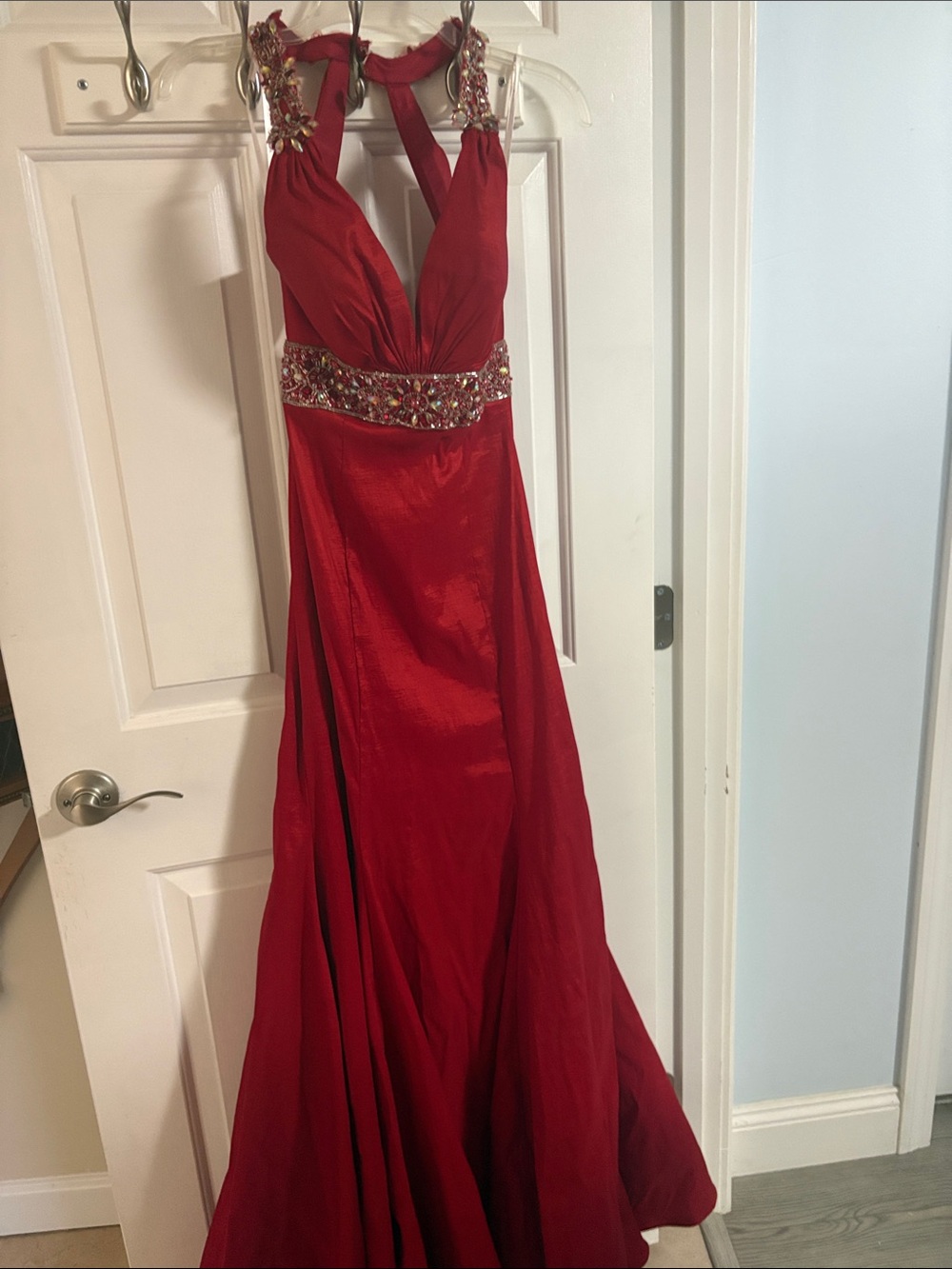 Tony Bowls Red Beaded Halter Prom Gown